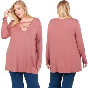 Prasada No Drama Tunic Soft Pink Long Sleeve Top Criss Cross Strap Detail 1X-3X